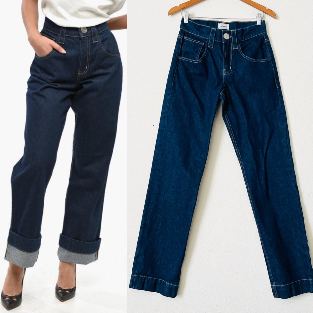 FRAME SIZE 25 Oversized high rise straight leg jeans in Rinse dark blue wash